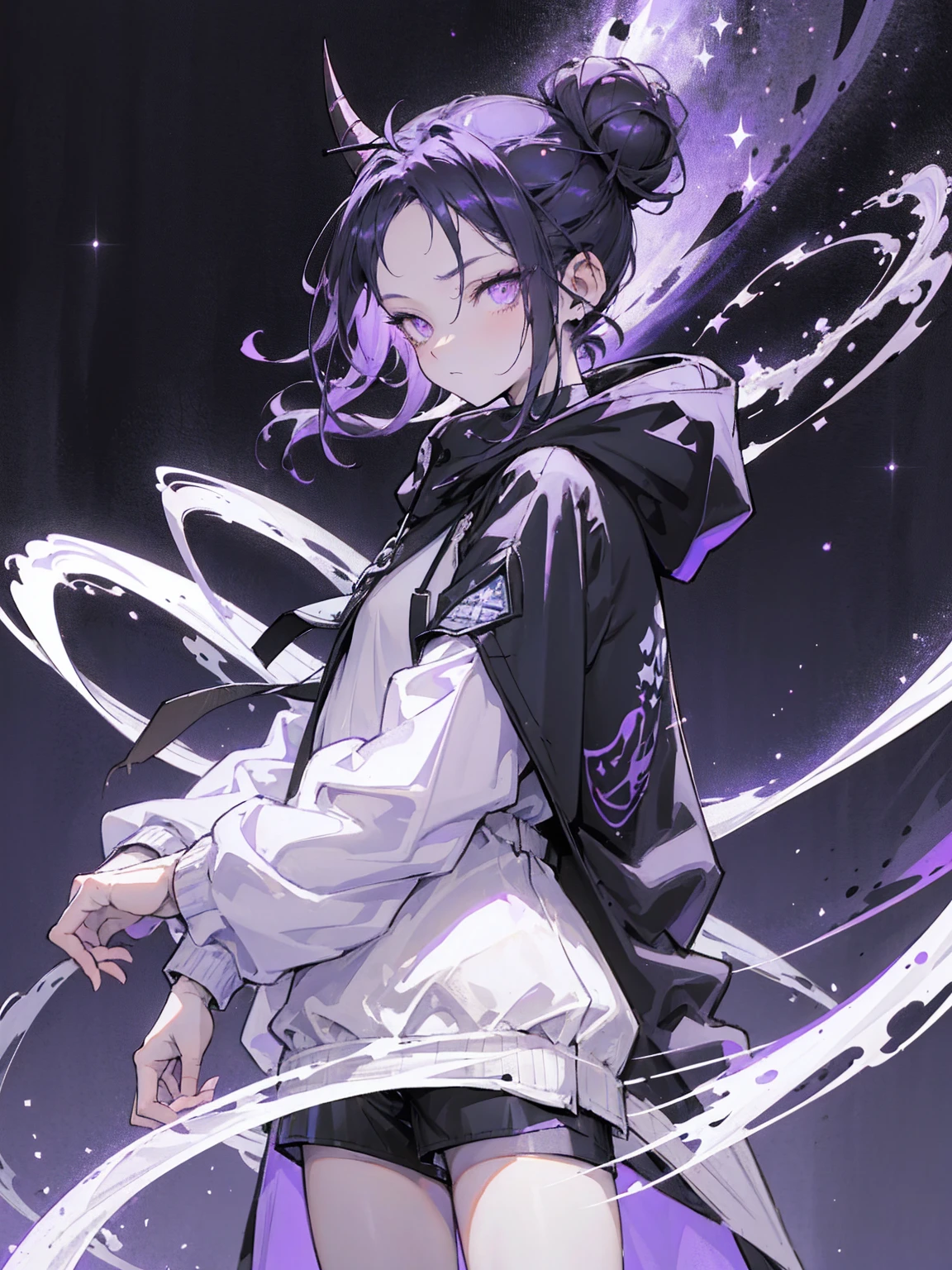 boy. thoughtful look. open forehead. black and purple hair tied in a bun on the left side to one side. winding black horns wrapped in white ribbon. white violet eyes. in short dark purple shorts. long white T-shirt. dark purple knee-high socks. dark purple long cloak inside white with hood. background - moonlight and stars Solar system, Flying pages