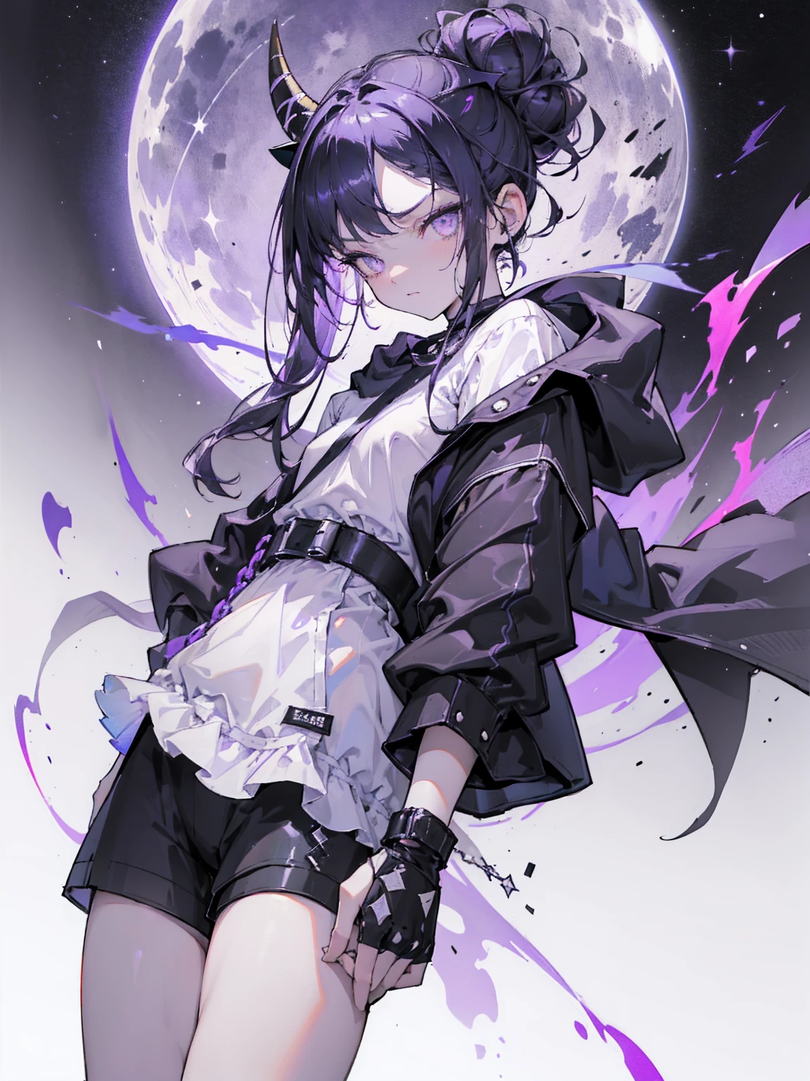 boy. thoughtful look. open forehead. black and purple hair tied in a bun on the left side to one side. winding black horns wrapped in white ribbon. white violet eyes. in short dark purple shorts. long white T-shirt. dark purple knee-high socks. dark purple long cloak inside white with hood. background - moonlight and stars Solar system, Flying pages