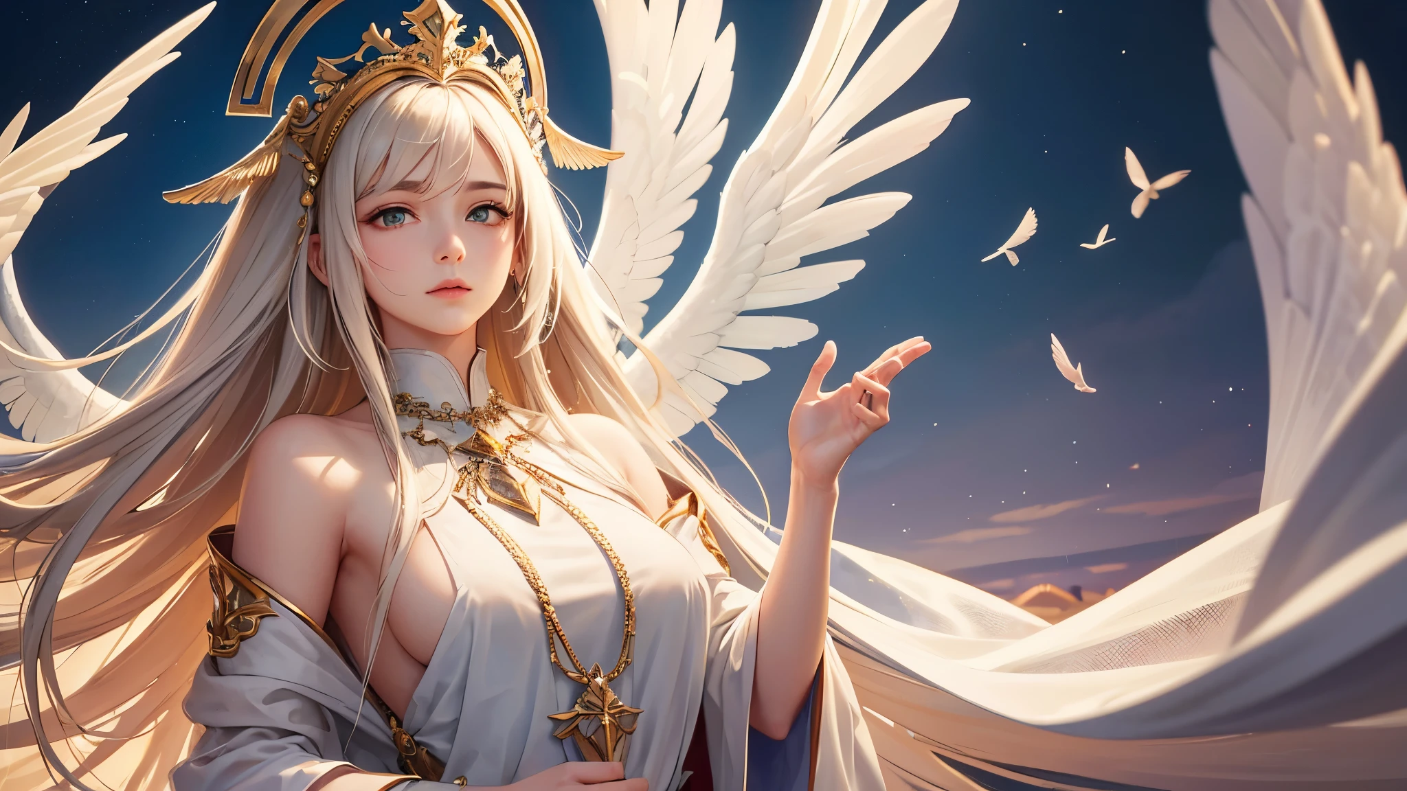 Realistic, (Surreal:1.2), beautiful, masterpiece, Highest quality, Highly detailed face, Perfect lighting, Nice hands, Perfect hands, A holy and shining angel with heavenly splendor., (Heavenly Being:1.2), (Calm expression), (Majestic Wings), (Mysterious glow:1.1), (Peaceful and comfortable), (Transcendental beauty), (God's Grace), (A symbol of purity), (Golden halo), (an uplifting atmosphere), (skyline), (Spiritual Enlightenment), (Kind and protective), (Illumination:1.2), (Angelic figures), (Harmony and tranquility), (Angel Robe), (Timeless Heaven), (Captivating aura), (Healing and guidance), Close your eyes