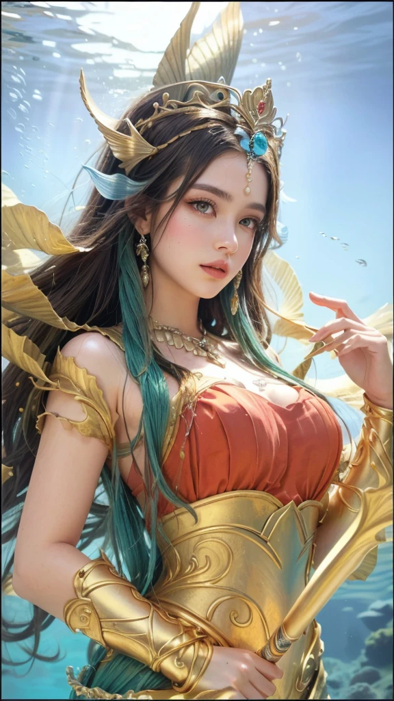 a close up of a adult woman in a costume holding a spear, queen of the sea, 1girl, detailed eyes, detailed lips, long eyelashes, beautiful face, ethereal, elegant, majestic, regal, dramatic lighting, underwater scene, shimmering sea, coral reef, schools of fish, kelp forest, photorealistic, highly detailed, cinematic, epic, fantasy, masterpiece