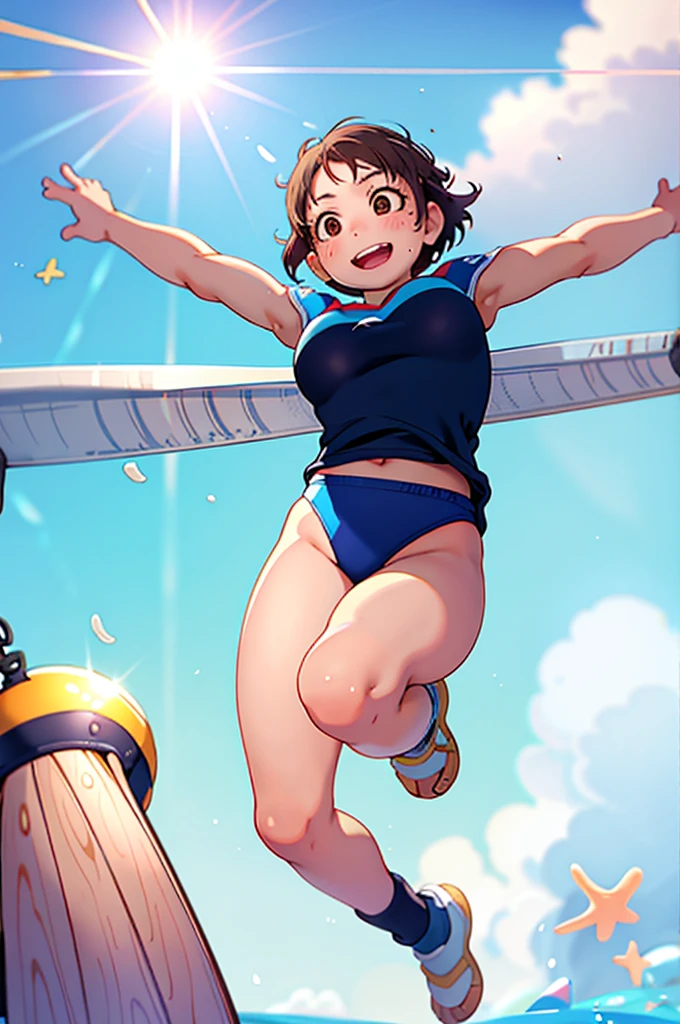masterpiece, best quality,1girl,young girl, (beach volleyball player), wearing (uniform with company logo) ,cropped top , brown eyes, short hair, happy smile, shiny skin,(nice leg line:1.3),thin waist, huge breasts,(swinging arms and jumping:1.5)
BREAK
, beach background, sun light makes depth of fields with backlight effect, wind effect,
BREAK
around crowd:1.1,depth of field, looking up to the sky, (viewed from below:1.5),(), full body:1.2