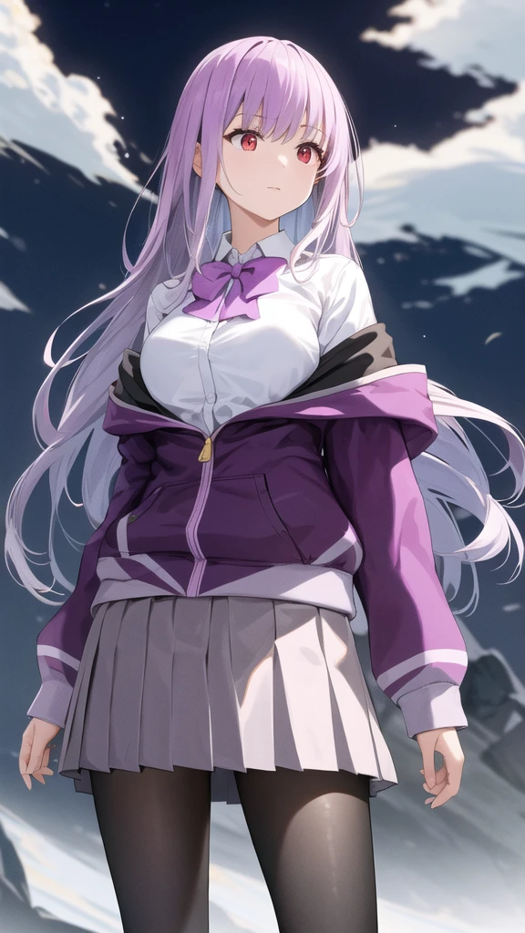 masterpiece, best quality, highres, aaakane, long hair, red eyes, purple bowtie, collared shirt, white shirt, off shoulder, purple jacket, partially unzipped, long sleeves, sleeves past wrists, pleated skirt, black skirt, pantyhose, cowboy shot, standing, sky,