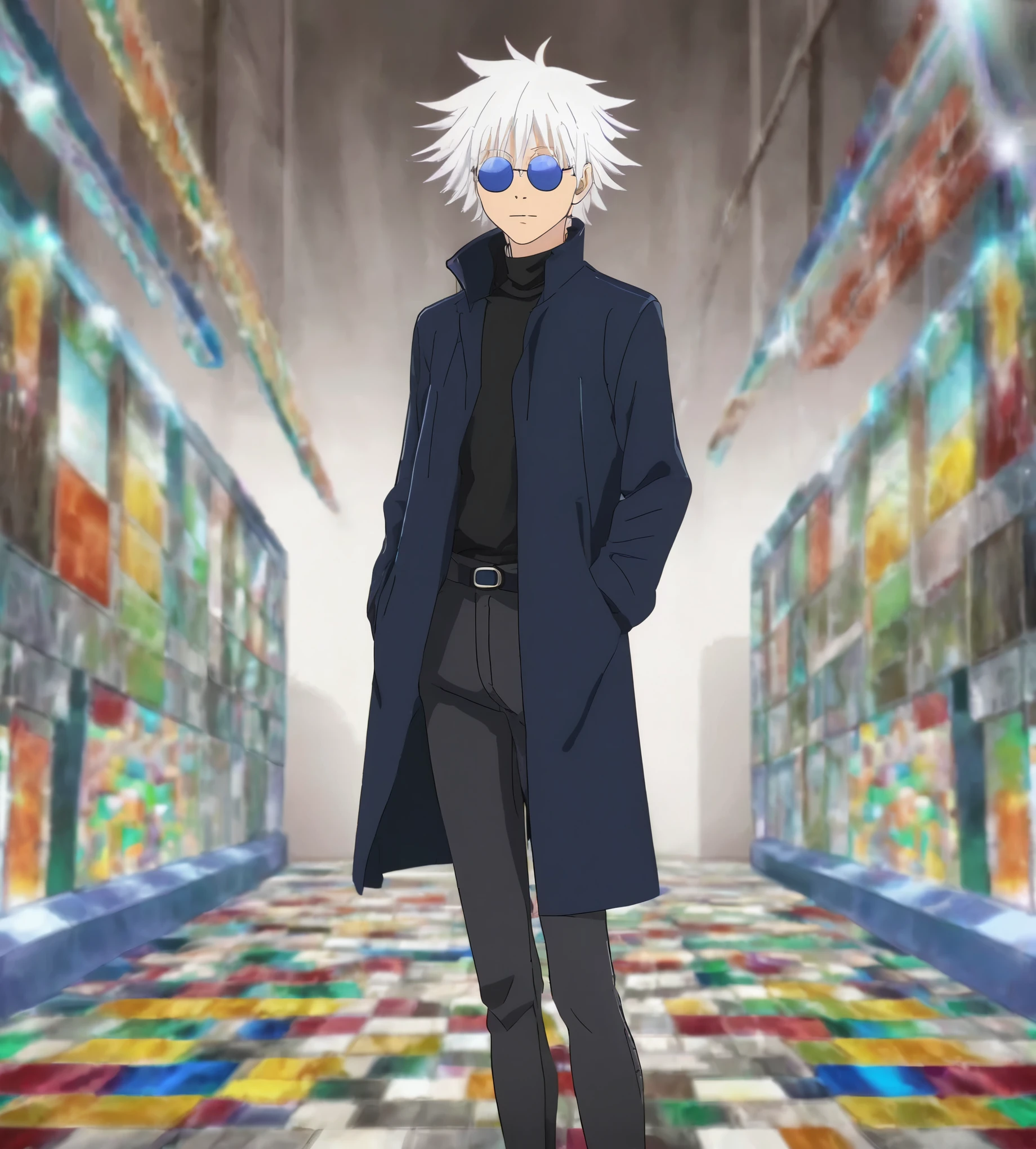 gojou satoru, 1boy, full body, white hair, blue eyes, looking at viewer, high collar, hair between eyes, black jacket,short hair, bangs, white hair, colorful crystal stone, hair between eyes, colored eyelashes, black jacket, jacket, high collar, round sunglasses,