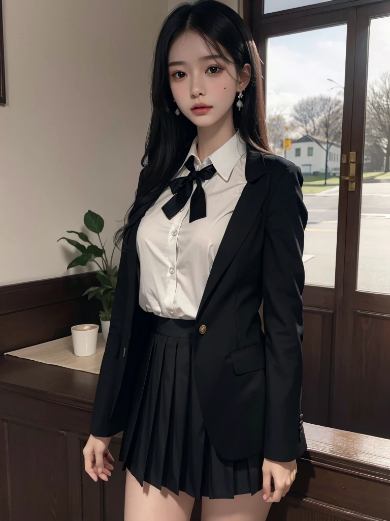 absurdres, RAW photo, extremely delicate and beautiful, masterpiece, Best Quality, ultra high resolution, 32k, hyperrealistic, ultra-detailed, delicate facial features, beautiful detailed woman, tearful mole, earring, medium breasts, (full body shot), medium hair, black hair, (school_uniform), blazer, skirt,