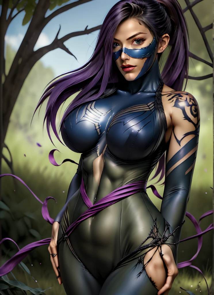 Psylocke , solo, best quality, sky, field, grass, akali, looking at viewer, league of legends, highres, Psylocke , abs, arm tattoo, bangs, blouse, breasts, green shirt, hair between eyes, hip vent, long bangs, long hair, mask, midriff, ninja, ponytail, rope belt, belt pouch, shirt, solo, stomach tattoo, tattoo, symbiote, bodysuit,
