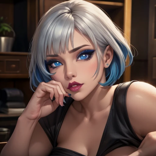 Girl with big blue eyes white skin short hair bob style thick and voluminous lips perfect detailed look seductive and perverted, HD closeup gothic makeup black lips , hands touching cheeks,