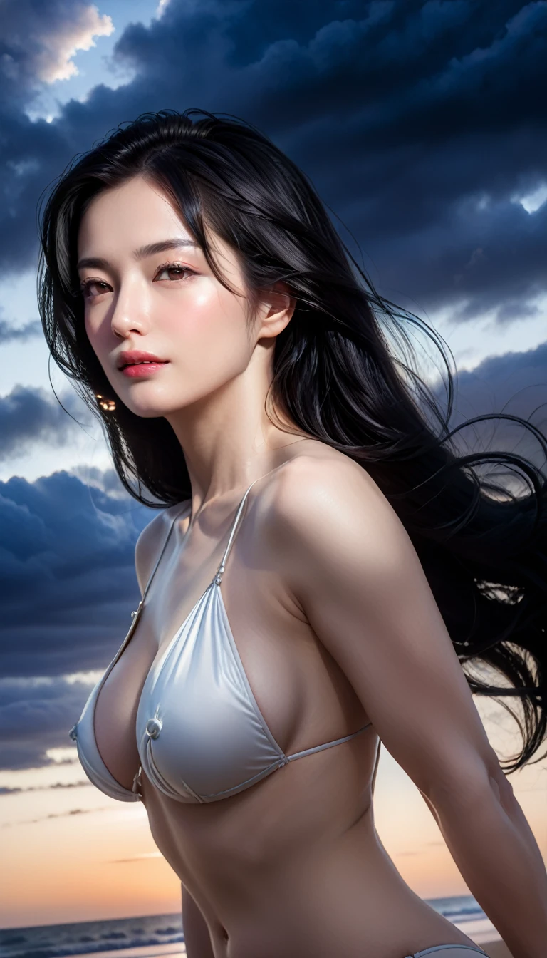 ((Masterpieces with up to 16K resolution:1.6)),Highest quality,it is really amazing,Very detailed,Ultra-high resolution,(Real:1.5),(Realistic:1.5),Increased depth of field,Cinematic Light,
Elegant mature woman,
Long black hair,(Exquisitely detailed face:1.5),Face with a gentle expression,Translucent white skin,Very sensitive skin,Great proportions,Anatomically correct body,
Elegant high leg swimsuit,Artistic design,Beautiful and detailed pattern,Detailed fabric texture,Luxury accessories,
Coastal landscape at dusk,Dark clouds and dark sky,delay々Continuing sandy beach, Deserted Beach,Dark sea surface,
(Dramatic Angle:1.5),