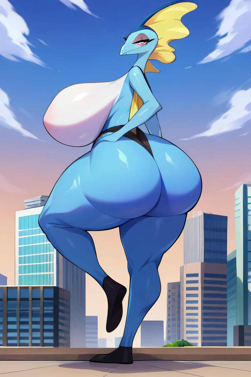 score_9, score_8_up, score_7_up, BREAK, solo, breasts, makeup, giant, stepping on the city, city background, ((huge breasts :1.5)), big ass, upper body, portrait, mature Inteleon, simple bottom, thick thighs, Hips wide, big ass, slightly showing butt crack, showing big butt