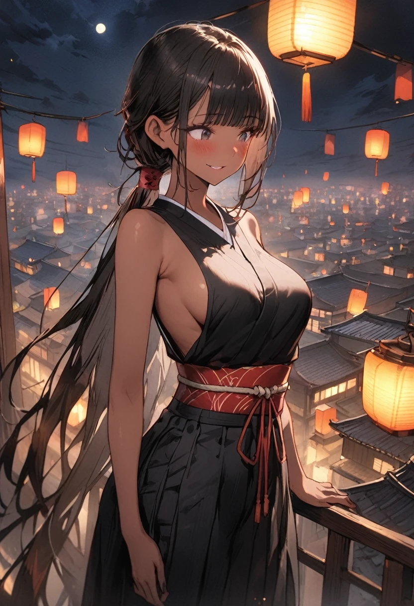 Action Scenes、(A woman fighting countless monsters),((masterpiece,Highest quality:1.3,best quality illustration)), 独奏,1woman,(Mature Japan beauties)、black hair,(low ponytail hair style),long hair,blunt bangs,black eyes,gorgeous eyes,((very small head:1.3)),blush,Triumphant,((very long body:1.2)),medium breasts,(tan skin), (gleaming skin,toned body,slender body, skinny、Sweat),(Female Ninja Costume、A simple, patternless black kimono、Black ide slits),standing,rooftop of high-rise building、Moonlit Night、Tokyo、