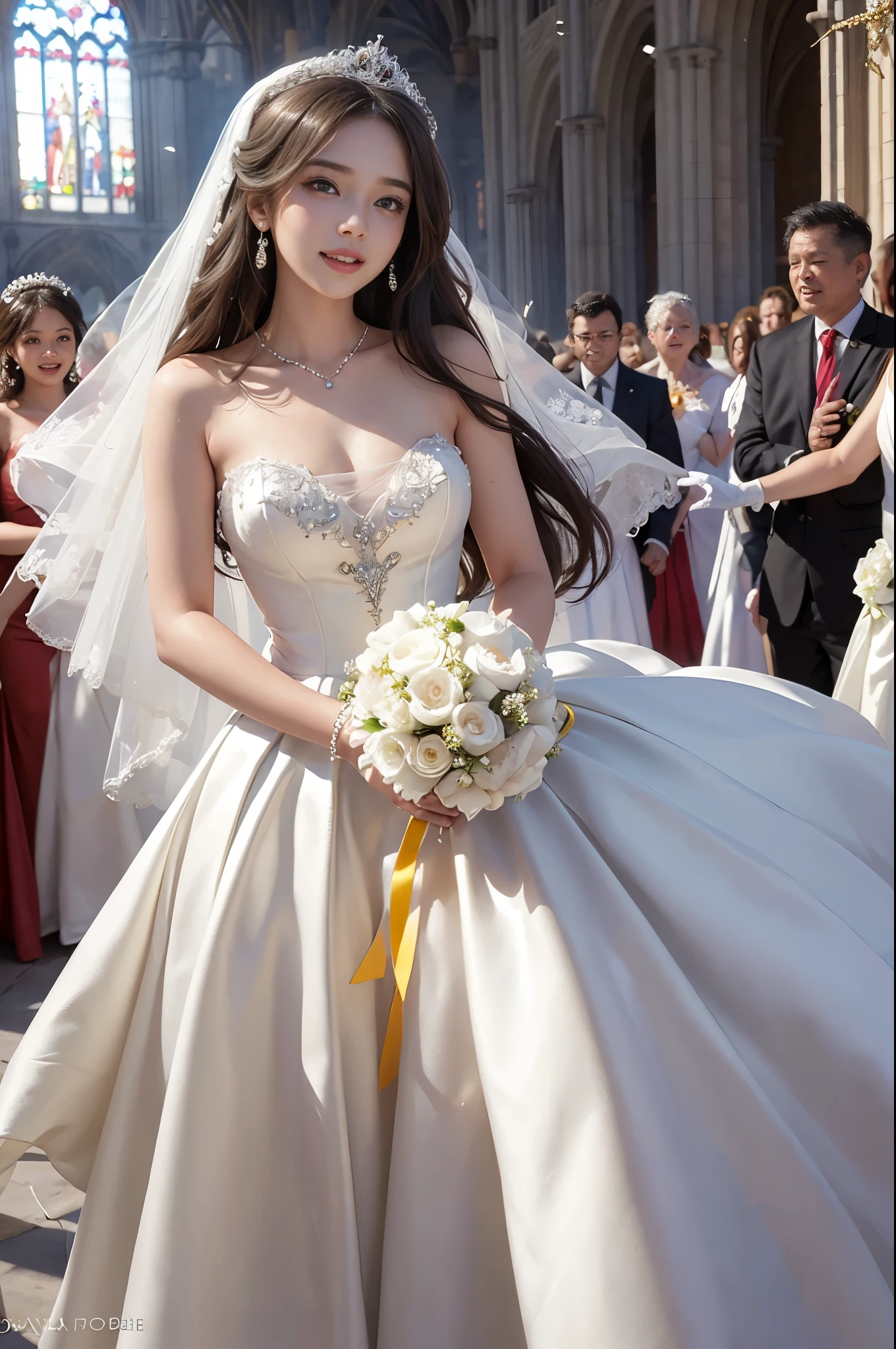 best quality, masterpiece, 1 girl, long hair, huge laugh, cute , shiny lips, sweet, sun glare, Conservative attire, white gloves, bouquet, Beaded bell-line wedding dress, bridal tiara, depth of field, blurred background, Cathedral Background, light particles, strong wind, head tilt