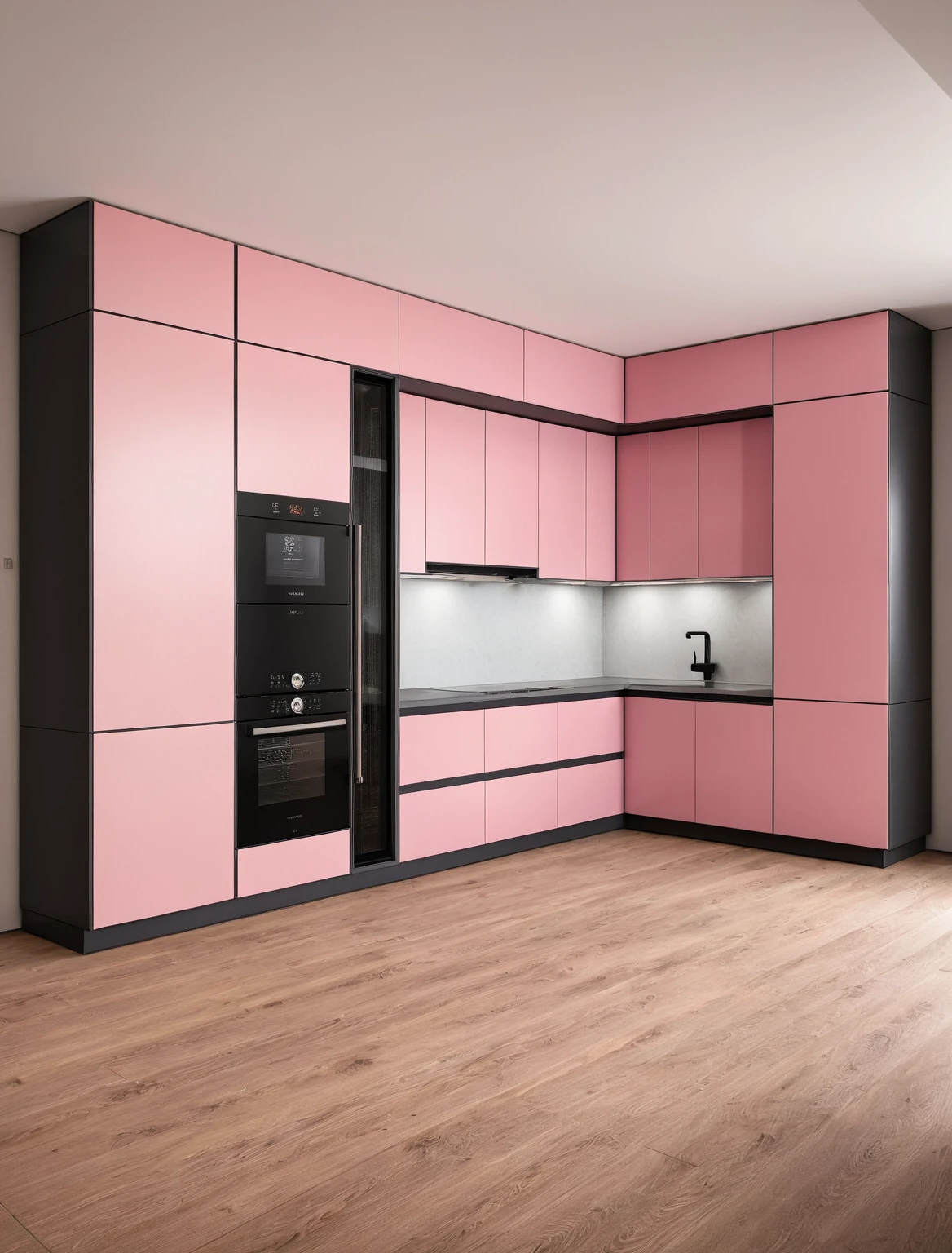 Raw photo,Masterpiece, high quality, best quality, authentic, super detail, interior , sunset, daylight, Kitchen Cabinets style modern, Induction cooker, sink, faucet, oven, built-in microwave, wooden floor, hood, wine cabinet, ((black and pink tones))