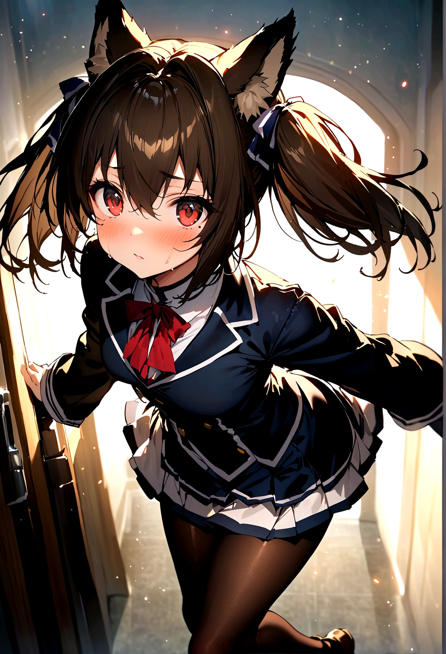 NSFW,masterpiece,Highest quality,High resolution,Super detailed,nekone \(utawarerumono\),Brown Hair、(Red Eye:1.3)、ribbon、Animal Ears,Heng'er,Twin tails、ヘアribbon、Mole、目の下のMole,Small breasts,uniform,mini skirt,pantyhose,School