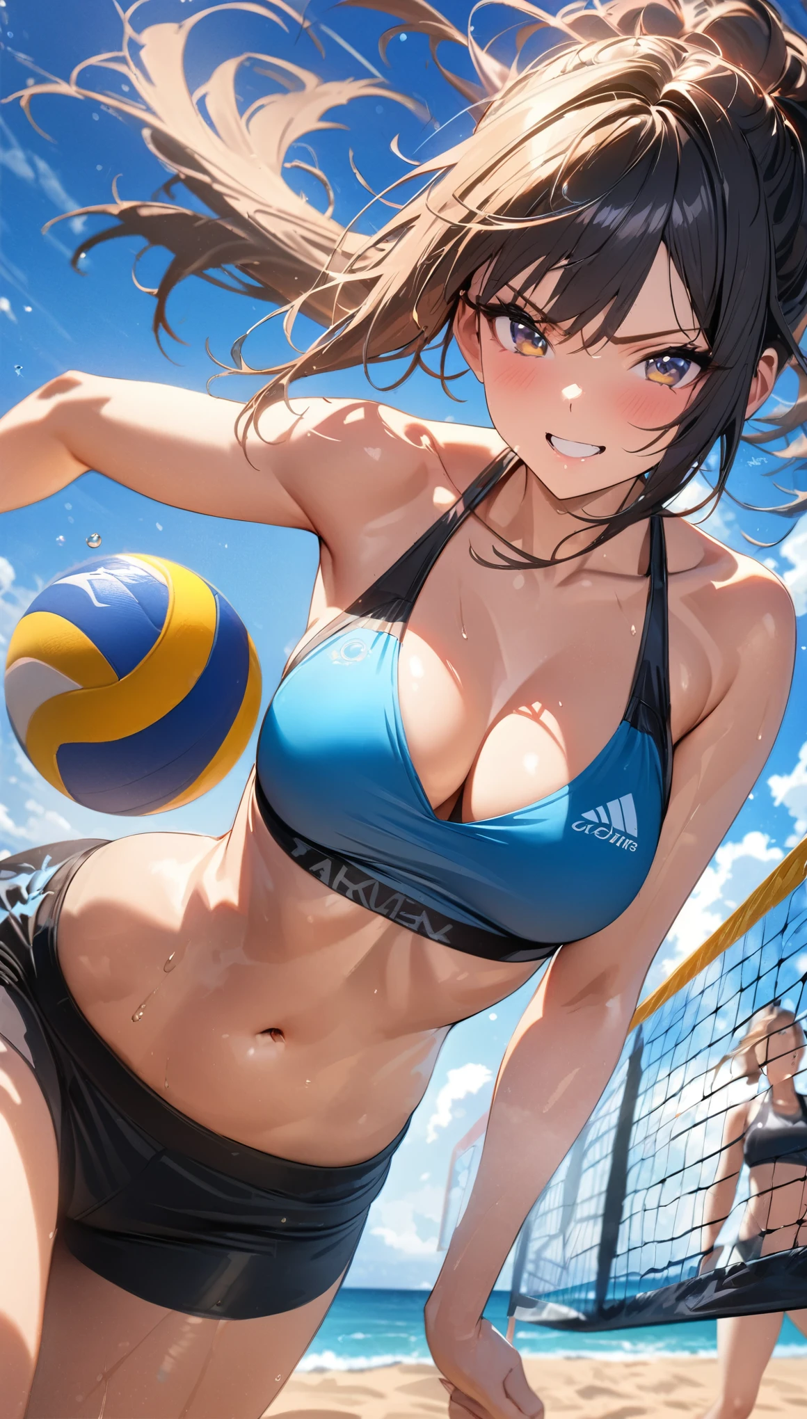 a beautiful girl playing beach volleyball on a sunny beach, athletic woman in bikini spiking the ball, detailed face and body, detailed volleyball court, clear blue sky background, dynamic action pose, masterpiece, high quality, intricate details, stunning colors, warm lighting, golden hour, (best quality,4k,8k,highres,masterpiece:1.2),ultra-detailed,HDR,UHD,studio lighting,ultra-fine painting,sharp focus,physically-based rendering,extreme detail description,professional,vivid colors,bokeh,side view,