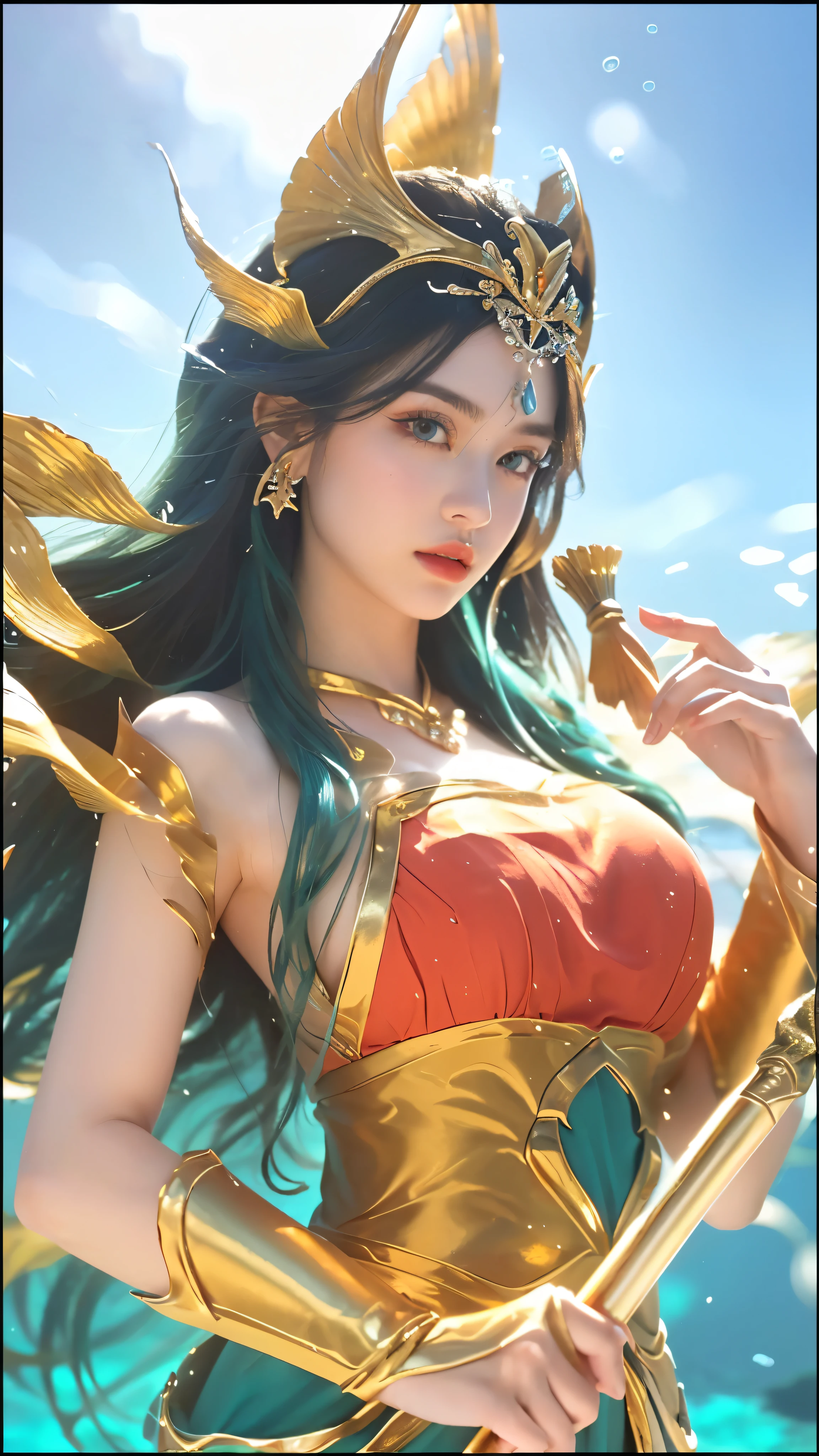 a close up of a woman in a costume holding a spear, queen of the sea, 1girl, detailed eyes, detailed lips, long eyelashes, beautiful face, ethereal, elegant, majestic, regal, dramatic lighting, underwater scene, shimmering sea, coral reef, schools of fish, kelp forest, photorealistic, highly detailed, cinematic, epic, fantasy, masterpiece
