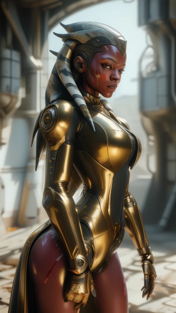 1 girl, solo, (look at viewer), ((Best quality)), ((masterpiece)), (detailed:1.4), ((upper body)), 3D, an image of a beautiful cyberpunk female,HDR (High Dynamic Range), Ray Tracing,NVIDIA RTX,Super-Resolution,Unreal 5,Subsurface scattering,PBR Texturing,Post-processing,Anisotropic Filtering,Depth-of-field,Maximum clarity and sharpness,Multi-layered textures,Albedo and Specular maps,Surface shading,Accurate simulation of light-material interaction,Perfect proportions,Octane Render,Two-tone lighting,Wide aperture,Low ISO,White balance,Rule of thirds,8K RAW, (((blood eyes))), , mechanical parts ahsoka, (dark skin:1.2), blood eyes, , medium breasts, bloodgold/black bodysuit, belt, (( bloodgold amor)) joints, body suit
