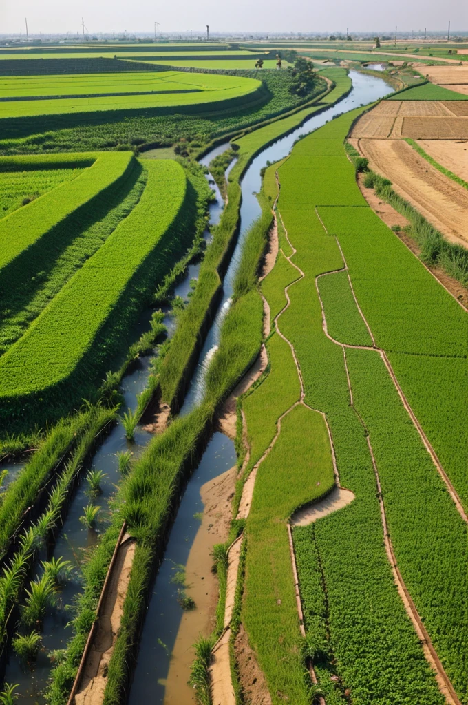 A water channel is Sohag where some people are harvesting paddy and in the distance there are some houses and sugarcane trees.