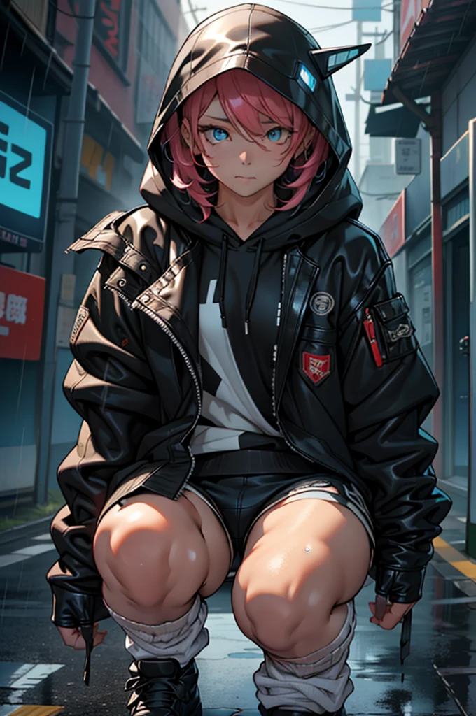 Esbian all over、One Girl、Empty、Cute eyes、Well-proportioned facial features、Kamimei、Red face、Black Mask+Black mask with veloout、(Highest quality、8K resolution、masterpiece:1.3)、Focus Section: 1.2、Delicate and beautiful body 1.4、is 1.2、golden short hair 1.2、Chest 1.2、Wet clothes 1.1、rain、Street 1.3、Bando Dress 1.1、Highly detailed skin texture、I narrowed my eyes.、double eyelid、Whitening skin、Shutdown 1.3、black open finger gloves、Black leather jacket and black leather shorts、Knee-high boots、White loose socks、Digital cyber punkアート、cyber punk、Wearing a hoodie、cyber punkアート、Clear bright blue eyes、Cleans the whites of the eyes。