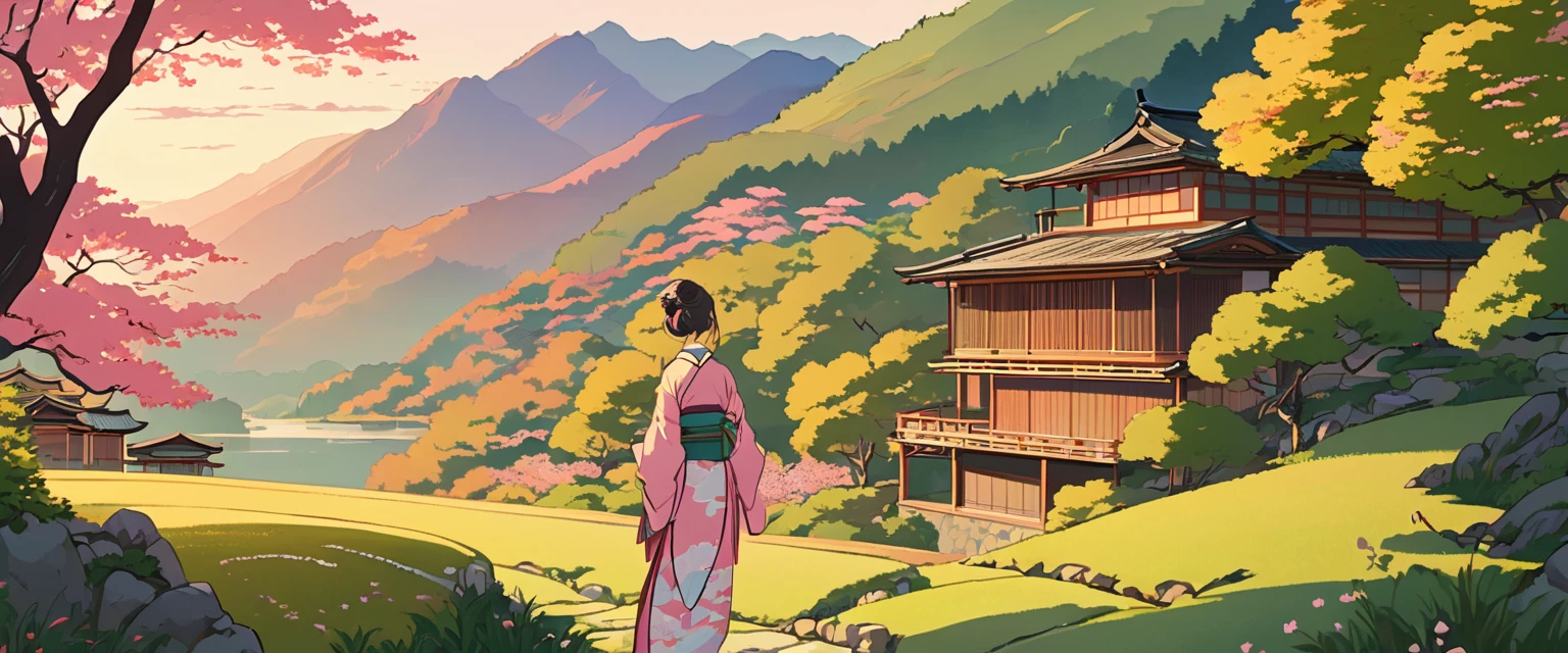 Line art, Aesthetic art, evening, sunset, cloud, Old Japanese house, In the valley, Big Mountain々Surrounded by, house by the river, Green tree々, Bushes, sunset light pink colour,Japanese women,kimono