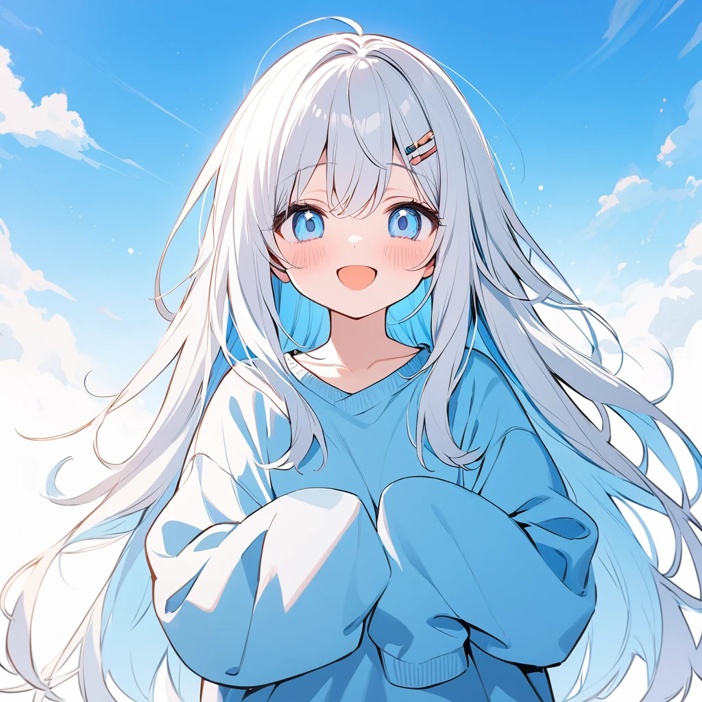 long hair, White hair, sky blue inner hair, open mouth, smile, flustered, Illustration where the pupil does not overlap the lower lash line, The lower half of the eye is white, vacant eyes, sky blue eyes, oversized clothes, sleeves past wrists, , sky blue cardigan, sky blue ribbon, piercing, stuffed animal, White background, 1girl, solo, hairpin