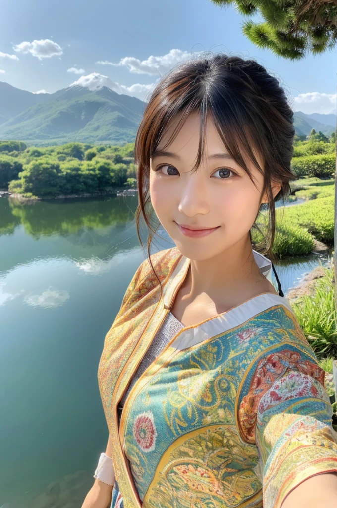 A Japan young girl in a blue kimono and a young Russian girl wearing a purple kimono and round glasses on her face are taking selfies. Japan girl puts her hands on the waist of a Russian girl. The background is a farming village in Nara Prefecture in Japan, a landscape seen from a high mountain, with a blue sky, distant mountains, spreading fields and greenery