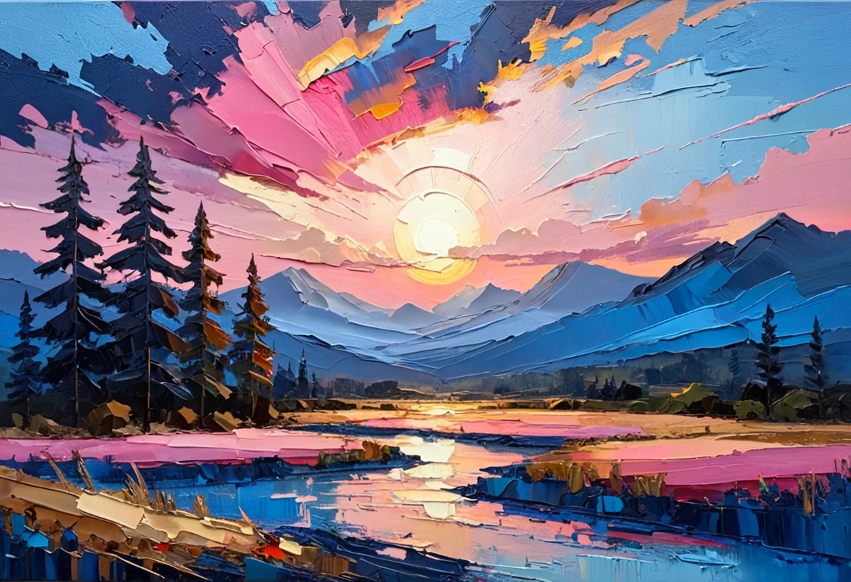 a thick textured oil painting, impasto brushstrokes, dry brushing,revealing underlayers, breathtaking composition, beautiful sunset glow, warm beautiful scene, moody lighting, dramatic shadows, muted earthy colors, vibrant colors, highly detailed, masterpiece, using a palette of light pink, muted blue, dark grayish blue, bright blue, blue shade of emotion, Ensure that the design elements are balanced and harmonious. Greg Gossel: Combines collage and mixed media with street art influences to create vibrant and dynamic pieces.