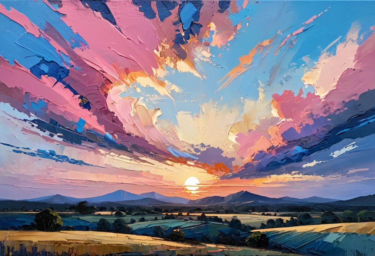 a thick textured oil painting, impasto brushstrokes, dry brushing,revealing underlayers, breathtaking composition, beautiful sunset glow, warm beautiful scene, moody lighting, dramatic shadows, muted earthy colors, vibrant colors, highly detailed, masterpiece, using a palette of light pink, muted blue, dark grayish blue, bright blue, blue shade of emotion, Ensure that the design elements are balanced and harmonious. Greg Gossel: Combines collage and mixed media with street art influences to create vibrant and dynamic pieces.