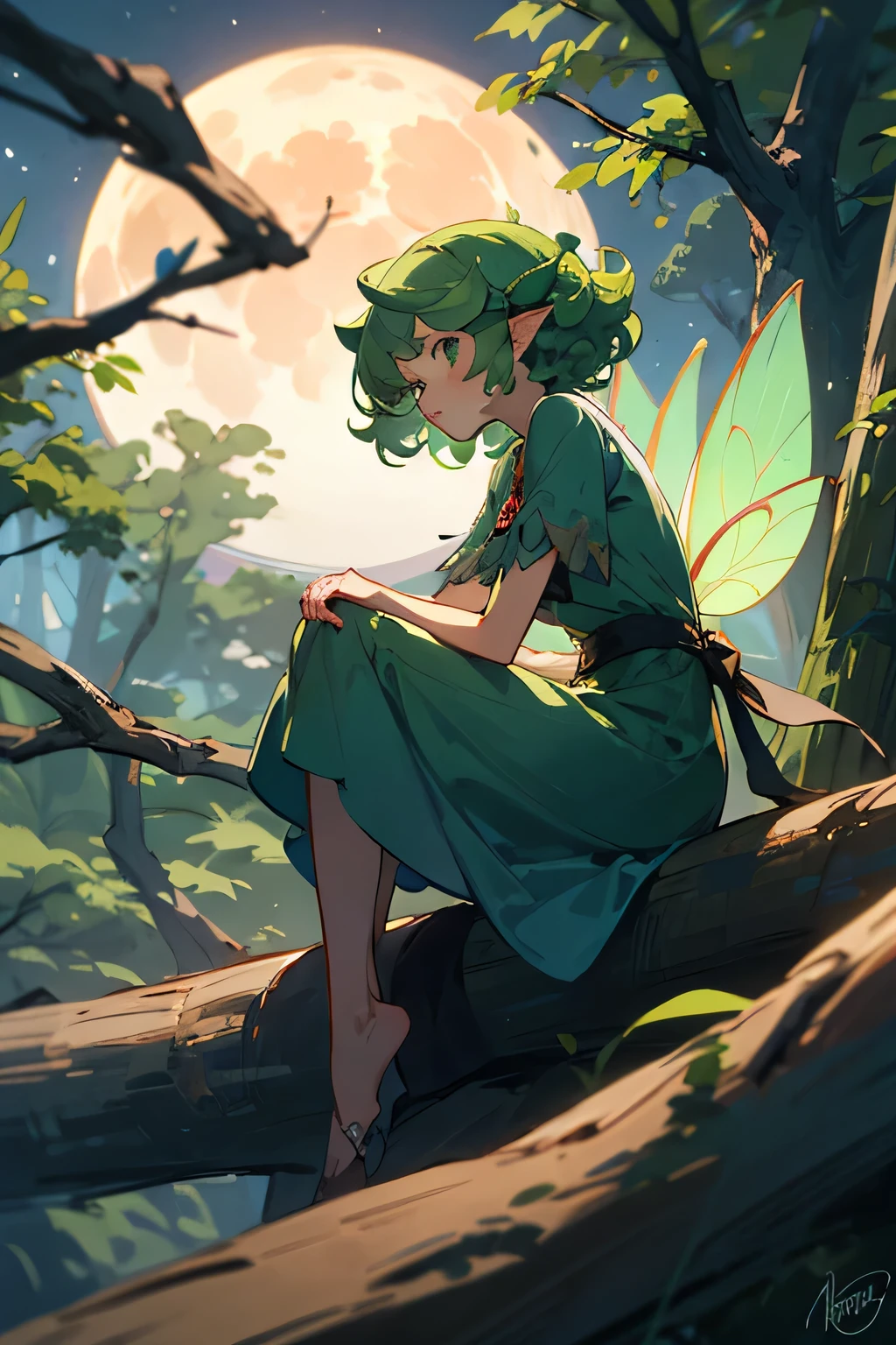 A fairy with green curly hair, wearing with a dress sitting on a log, in the forest at night with the glow of the full moon 