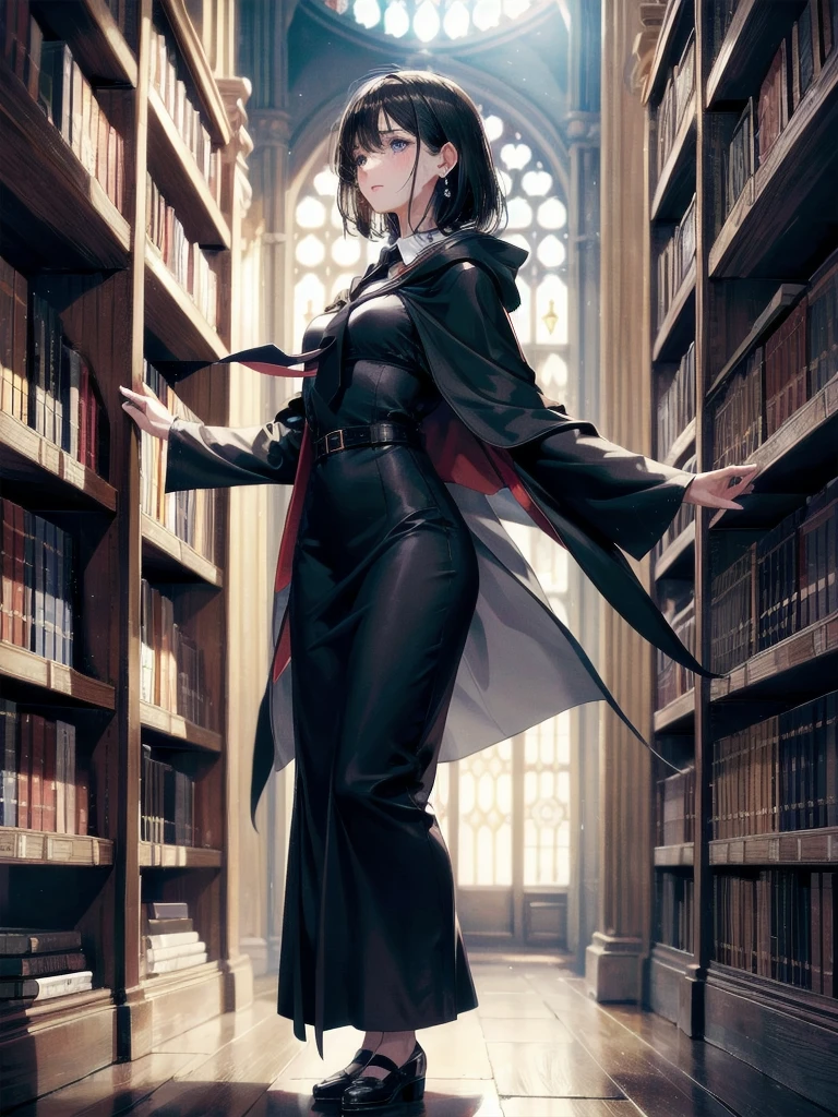 absurdres, RAW photo, extremely delicate and beautiful, masterpiece, Best Quality, ultra high resolution, 32k, hyperrealistic, ultra-detailed, delicate facial features, beautiful detailed woman, tearful mole, earring, medium breasts, full body shot, medium hair, black hair, hogwarts teacher, curious, necktie, cloak, background in library,