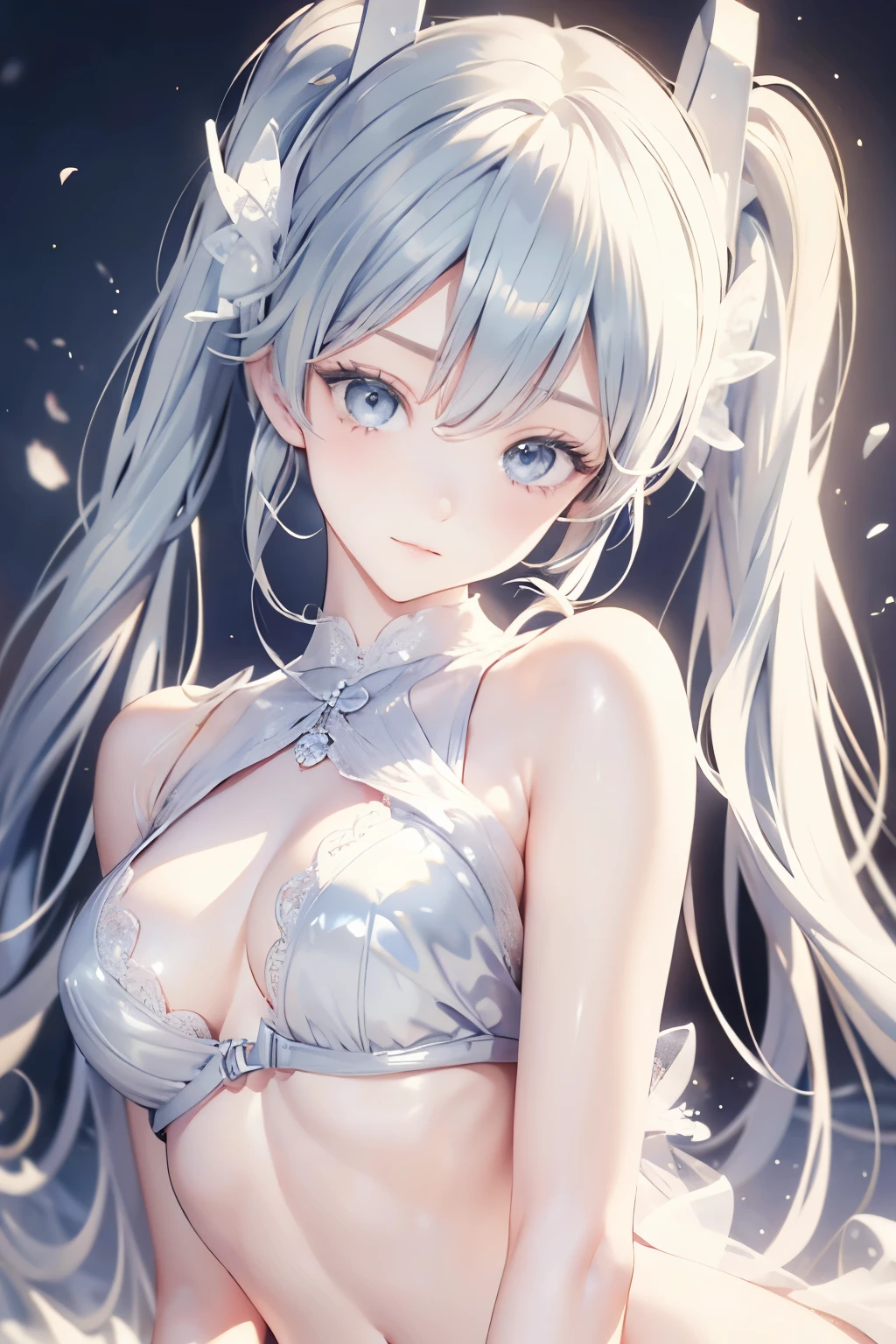 （（（ＳＦＷ、sound、Highest quality、first-clasasterpiece、Normal body、8K、Detailed face、Ultra-precision、Normal hand、Normal finger、５Finger、Highest）））、human、beautiful girl、A neat young lady、Silver Hair、slender、Small breasts、low length、thin feet、White sheer dress、No sleeve、first round、first roundに綱、No underwear、 bra、blush、Feeling embarrassed、slave、Support your master、Crazy for my master、I love you, master、I love my master、Absolute Obedience、slavefirst round、slaveの証、Serve your master、I will give everything to my master、Kissing Face、The dress is see-through and her skin is visible