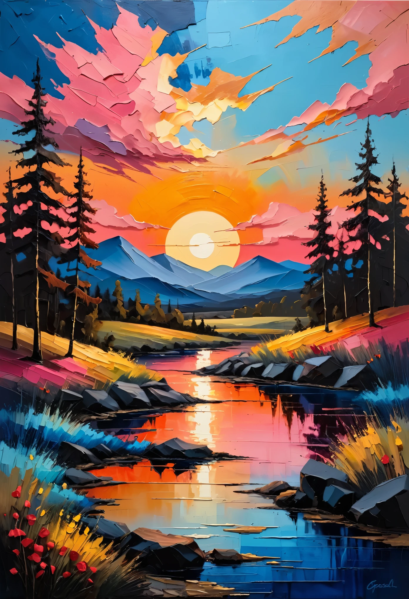 a thick textured oil painting, impasto brushstrokes, dry brushing,revealing underlayers, breathtaking composition, beautiful sunset glow, warm beautiful scene, moody lighting, dramatic shadows, muted earthy colors, vibrant colors, highly detailed, masterpiece, using a palette of light pink, muted blue, dark grayish blue, bright blue, blue shade of emotion, Ensure that the design elements are balanced and harmonious. Greg Gossel: Combines collage and mixed media with street art influences to create vibrant and dynamic pieces.