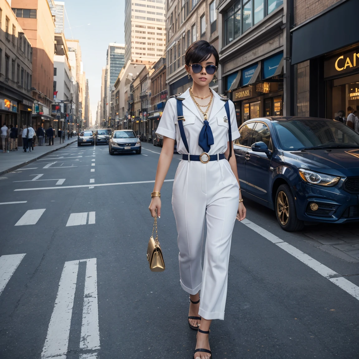 Commanding attention on a bustling city street, a Black model with a short, stylish haircut and a confident expression exudes urban nautical elegance. A navy blue jumpsuit with a relaxed fit and a cinched waist evokes a sailor's uniform with a modern twist. White platform sandals with chunky gold chain details add a touch of edge, while a structured white handbag with gold hardware and a miniature anchor charm on the keychain reinforces the nautical theme. Oversized sunglasses with blue mirrored lenses reflect the city lights, and a chunky gold necklace featuring a compass pendant completes the captain's look. Crisp white anchors on a backdrop of classic navy blue adorn the model's nails in the "Anchor Away" design, tying the nautical theme together. The warm glow of the setting sun bathes the cityscape as she strides confidently down the street, skyscrapers casting long shadows behind her.