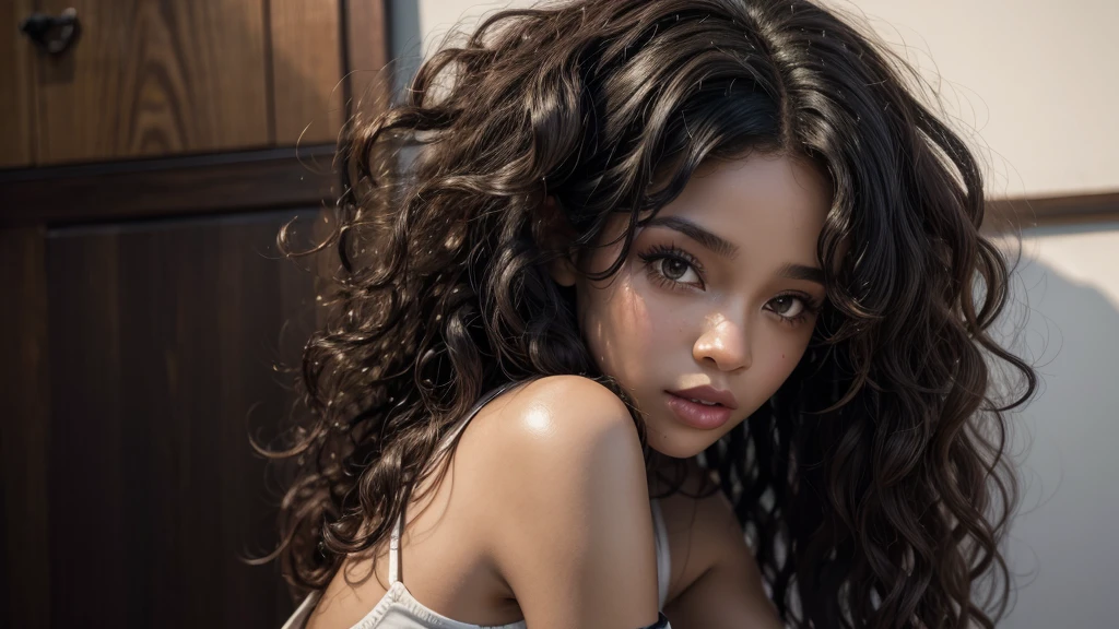 12 year old teenager, cuerpo completo, hermosos ojos, wavy brown hair, senos visibles, vagina visible, detalles finos en cuerpo. De pie mirando al espectador, pose sexy.exprecion de deseo.mejor calidad, detalles finos,