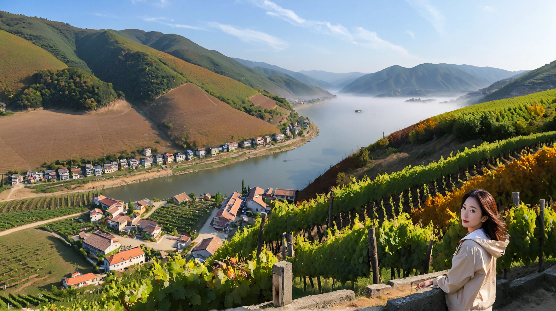 8k best picture quality, Beautiful 36-year-old Korean woman, You have good skin and big and pretty eyes.... Chest size 34 inches, italian countryside, Passing the grapevine, A river can be seen in the distance through thick fog...., The background is realistic and vivid quality...., Short and medium hair blowing in the wind, Wear a high-end, luxury windbreaker over your t-shirt.. beige casual pants, i am smiling. Standing on a hill overlooking a misty vineyard. the background is clear, Short and slim Korean woman, stand far away, Full body photo taken with Canon Mark 5 camera 16-35 wide angle lens, A woman with big and pretty eyes, eyes are round and big. Taken while standing on a hill overlooking the river