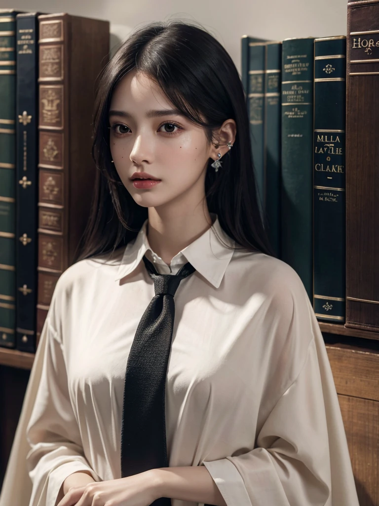 absurdres, RAW photo, extremely delicate and beautiful, masterpiece, Best Quality, ultra high resolution, 32k, hyperrealistic, ultra-detailed, delicate facial features, beautiful detailed woman, tearful mole, earring, medium breasts, full body shot, medium hair, black hair, hogwarts teacher,  curious, necktie, cloak, background in library,