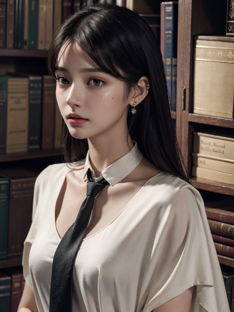 absurdres, RAW photo, extremely delicate and beautiful, masterpiece, Best Quality, ultra high resolution, 32k, hyperrealistic, ultra-detailed, delicate facial features, beautiful detailed woman, tearful mole, earring, medium breasts, full body shot, medium hair, black hair, hogwarts teacher, curious, necktie, cloak, background in library,