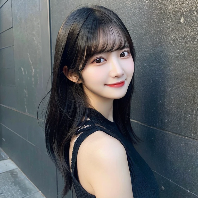 black hair, hair over shoulder, tareme, evil smile, shy, accurate, textured skin, high details, HD, best quality