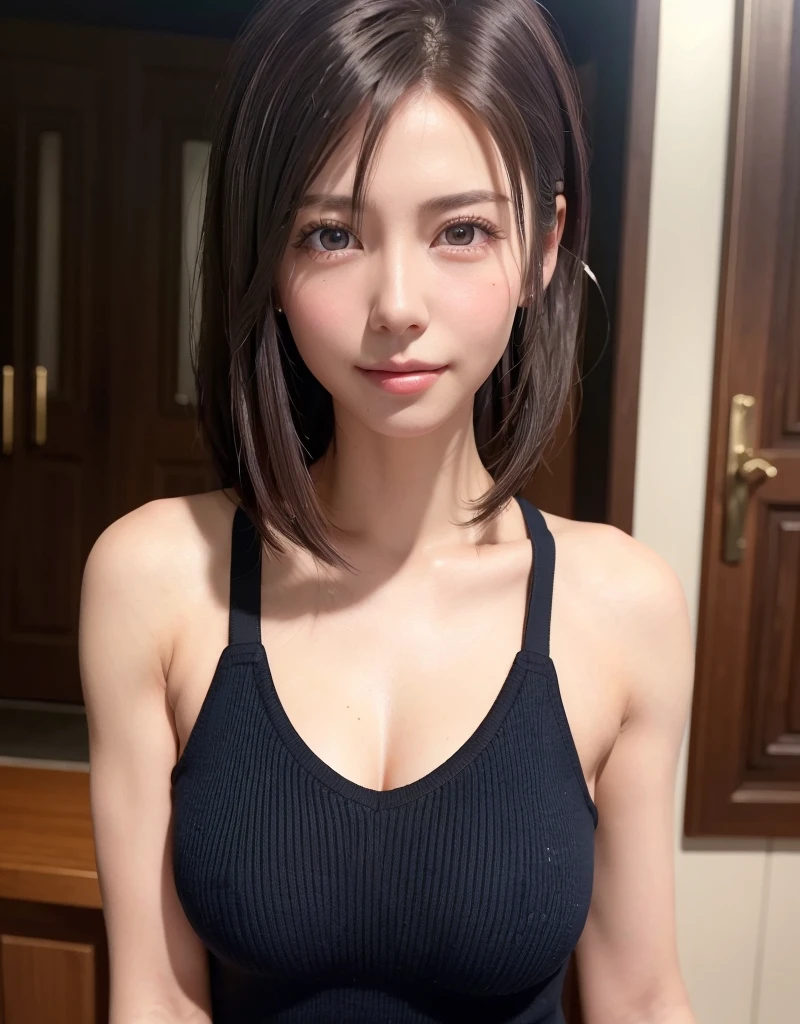 ((((masutepiece, Best Quality, High resolution)))), extremely detailed 8K, Beautiful girl with slim body, (Ultra HD, Ultra-detailed, Highly detailed, Highly realistic, Ultra-realistic, photos realistic), (1girll), short wavy hair, bob cuts, facing at camera, lightsmile, Purple eyes, (beautifull detailed face, Beautiful detailed eyes), Sweat, (rays of sunshine, Sunlight)，