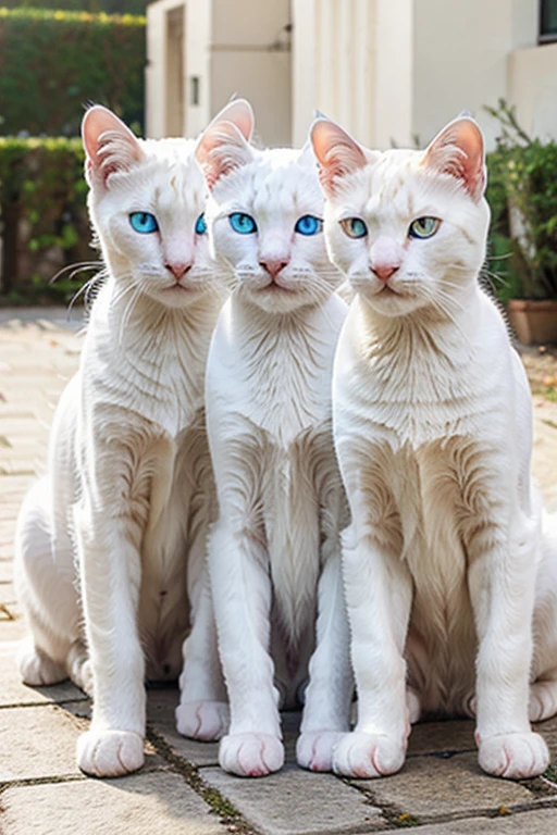 Three white cats with blue eyes