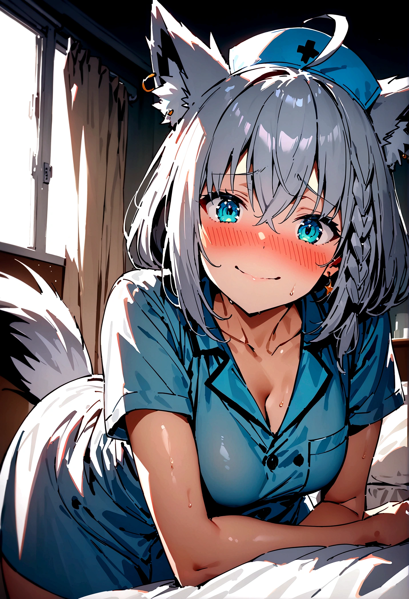 NSFW,masterpiece,Highest quality,High resolution,Super detailed,Shirakami Fubuki\(Hololive\),Gray Hair、One-sided braid、Ahoge、Earrings,Fox ears,Fox tail,nurse,nurse's uniform,Nurse cap,Embarrassed,blush,Expecting face,Bewitching Smile,Shy smile,hospital,Hospital room,bed,Cute pose,(Seduce)