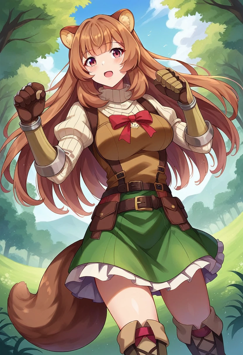 score_9, score_8_up, score_7_up, source_anime,
raphtalia, raphtalia, long hair, bangs, brown hair, animal ears, raccoon ears, raccoon tail, raccoon girl, pink eyes, thighhigh boots,
long sleeves, sweater, ribbed sweater, puffy sleeves, breastplate, ribbon, red ribbon, gauntlets, glove, brown gloves, belt, skirt, armor,
outdoors, forest, nature,
looking at viewer, cowboy shot, dutch angle, dynamic pose,