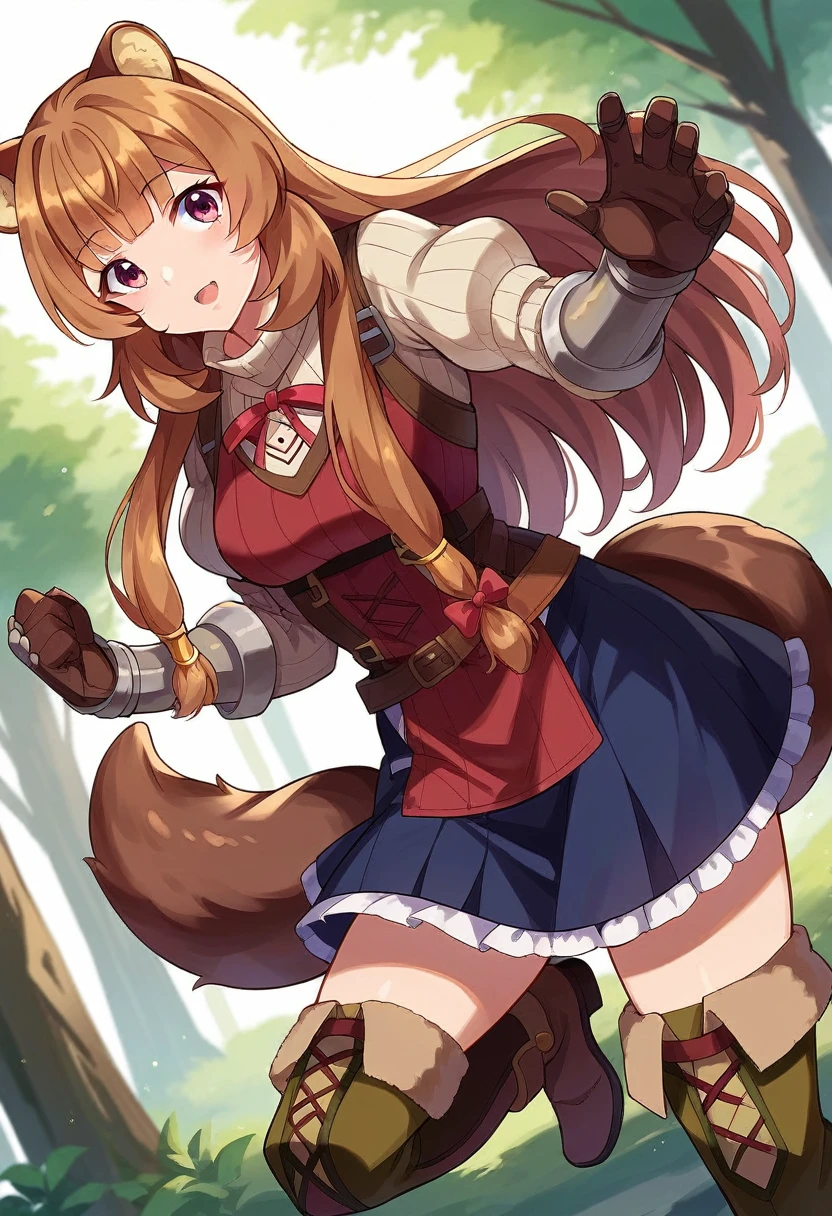 score_9, score_8_up, score_7_up, source_anime,
raphtalia, raphtalia, long hair, bangs, brown hair, animal ears, raccoon ears, raccoon tail, raccoon girl, pink eyes, thighhigh boots,
long sleeves, sweater, ribbed sweater, puffy sleeves, breastplate, ribbon, red ribbon, gauntlets, glove, brown gloves, belt, skirt, armor,
outdoors, forest, nature,
looking at viewer, cowboy shot, dutch angle, dynamic pose,