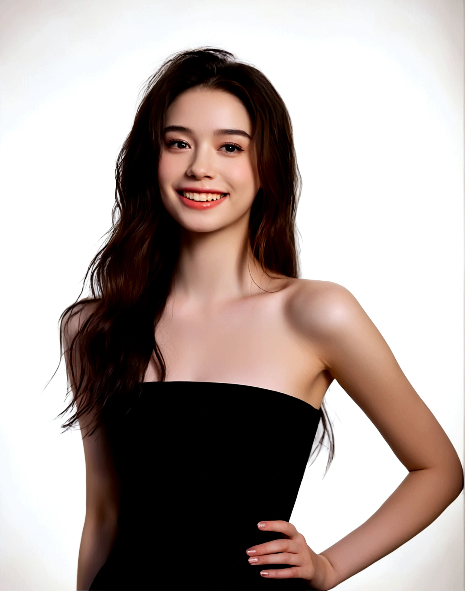 1girl, solo, long hair, smile, simple background, brown hair, black hair, dress, bare shoulders, upper body, teeth, grin, black dress, lips, strapless, strapless dress, realistic