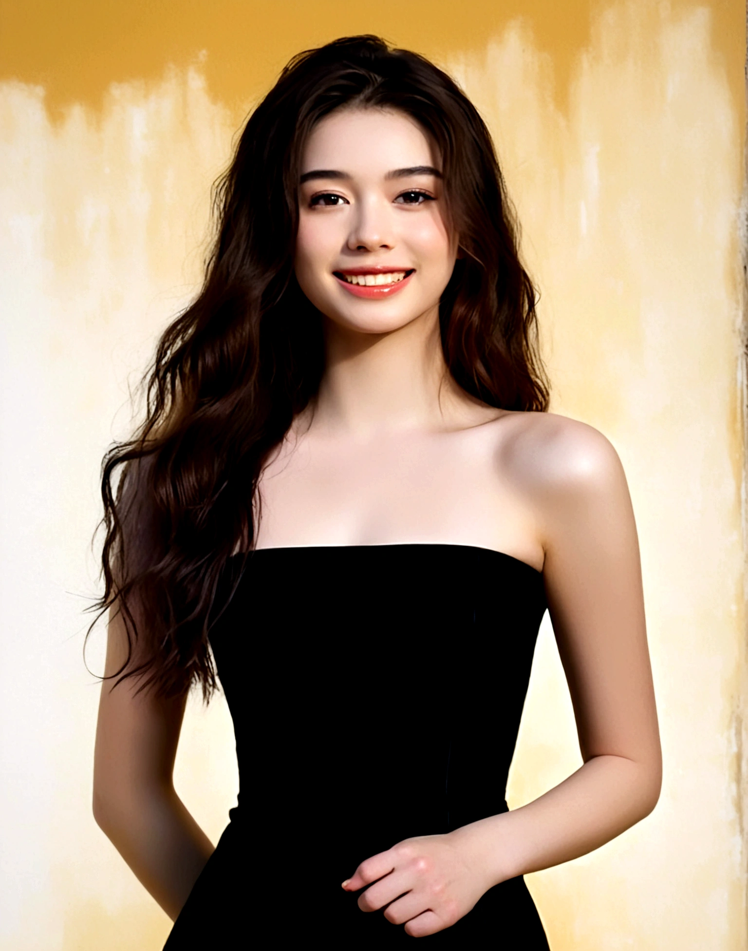 1girl, solo, long hair, smile, simple background, brown hair, black hair, dress, bare shoulders, upper body, teeth, grin, black dress, lips, strapless, strapless dress, realistic