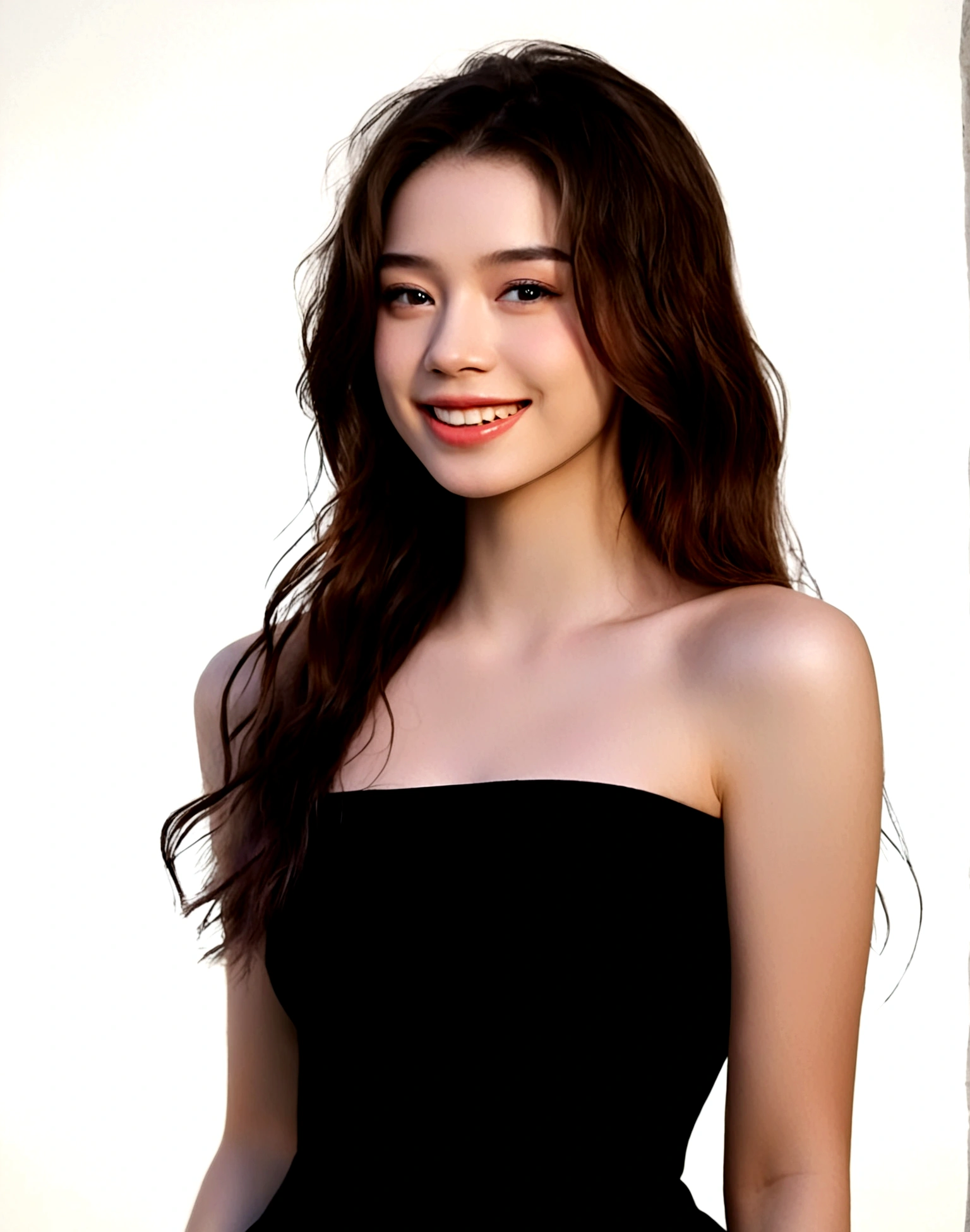 1girl, solo, long hair, smile, simple background, brown hair, black hair, dress, bare shoulders, upper body, teeth, grin, black dress, lips, strapless, strapless dress, realistic