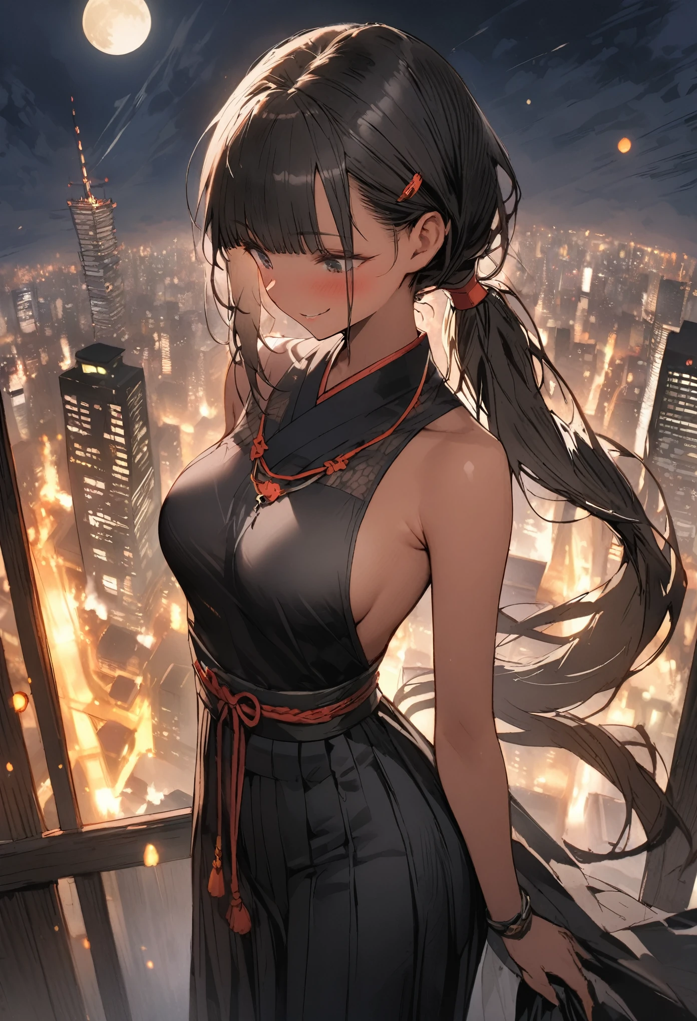 ((masterpiece,Highest quality:1.3,best quality illustration)), 独奏,1woman,(Mature Japan beauties)、black hair,(low ponytail hair style),long hair,blunt bangs,black eyes,gorgeous eyes,((very small head:1.3)),blush,smile,((very long body:1.2)),medium breasts,(tan skin), (gleaming skin,toned body,slender body, skinny),(Female Ninja Costume、A simple, patternless black kimono、Black Hakama),Looking down、standing,rooftop of high-rise building、Moonlit Night、Tokyo、