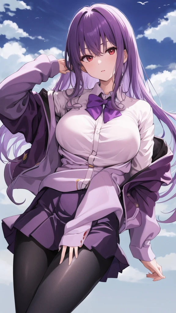 masterpiece, best quality, highres, aaakane, long hair, red eyes, purple bowtie, collared shirt, white shirt, off shoulder, purple jacket, partially unzipped, long sleeves, sleeves past wrists, pleated skirt, black skirt, pantyhose, cowboy shot, standing, sky,