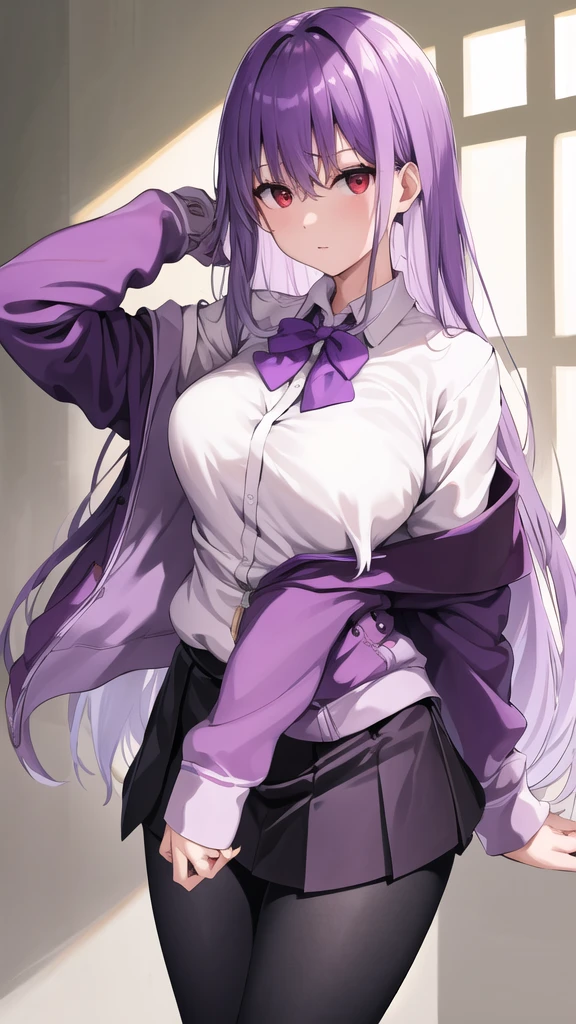 masterpiece, best quality, highres, aaakane, long hair, red eyes, purple bowtie, collared shirt, white shirt, off shoulder, purple jacket, partially unzipped, long sleeves, sleeves past wrists, pleated skirt, black skirt, pantyhose, cowboy shot, standing, sky,