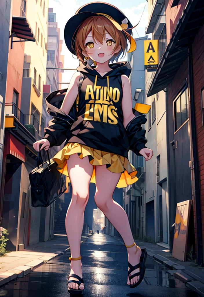 Rin Hoshizora (Yellow Eyes:1.5), Hair between the eyes, Brown Hair,Short Hair,blush,happy smile, smile, Open your mouth,Baseball hats,Oversized sleeveless hoodie,Long skirt,Cute Sandals,Daytime,Clear skies,Walking,whole bodyがイラストに入るように, break looking at viewer, whole body break outdoors, Building district, break (masterpiece:1.2), Highest quality, High resolution, unity 8k wallpaper, (figure:0.8), (Beautiful attention to detail:1.6), Highly detailed face, Perfect lighting, Highly detailed CG, (Perfect hands, Perfect Anatomy),