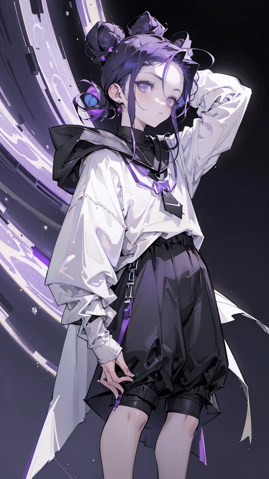 boy. thoughtful look. open forehead. black and purple hair tied in a bun on the left side to one side. winding black horns wrapped in white ribbon. white violet eyes. in short dark purple shorts. long white T-shirt. dark purple knee-high socks. dark purple long cloak inside white with hood. background - moonlight and stars Solar system, Flying pages