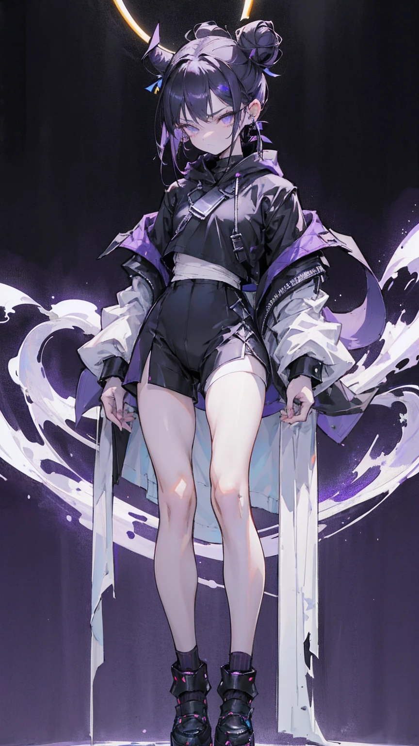 boy. thoughtful look. open forehead. black and purple hair tied in a bun on the left side to one side. winding black horns wrapped in white ribbon. white violet eyes. in short dark purple shorts. long white T-shirt. dark purple knee-high socks. dark purple long cloak inside white with hood. background - moonlight and stars Solar system, Flying pages